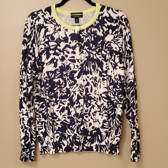 Lands' End Sweaters - Lands' End Medium Navy and White Floral Cardigan